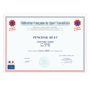Certificat ceinture noire 1er degre Penchak Silat - Fabrice Mery - Silat Defense Réunion